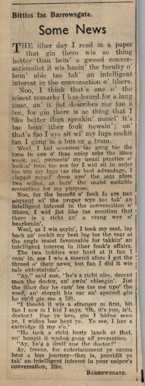 Wry obervations about rural life in north-east Scotland in the 1930s written by Barrowsgate in Doric