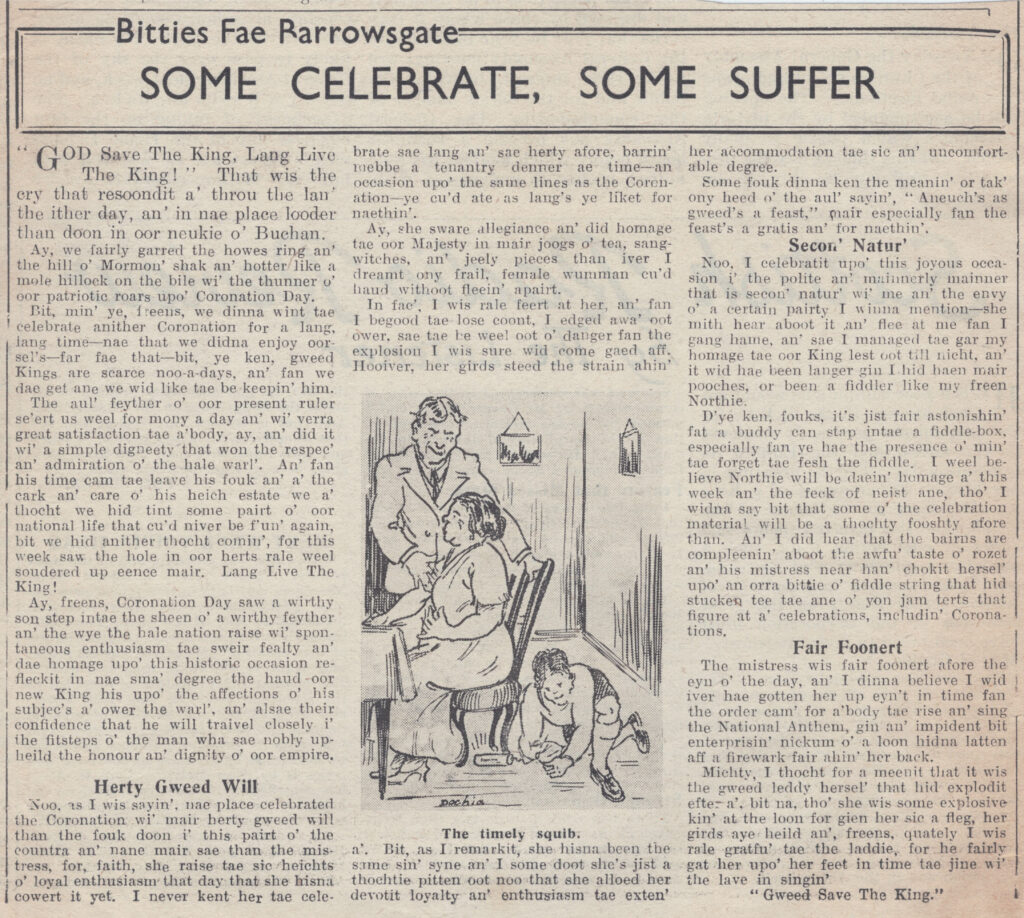 Wry obervations about rural life in north-east Scotland in the 1930s written by Barrowsgate in Doric