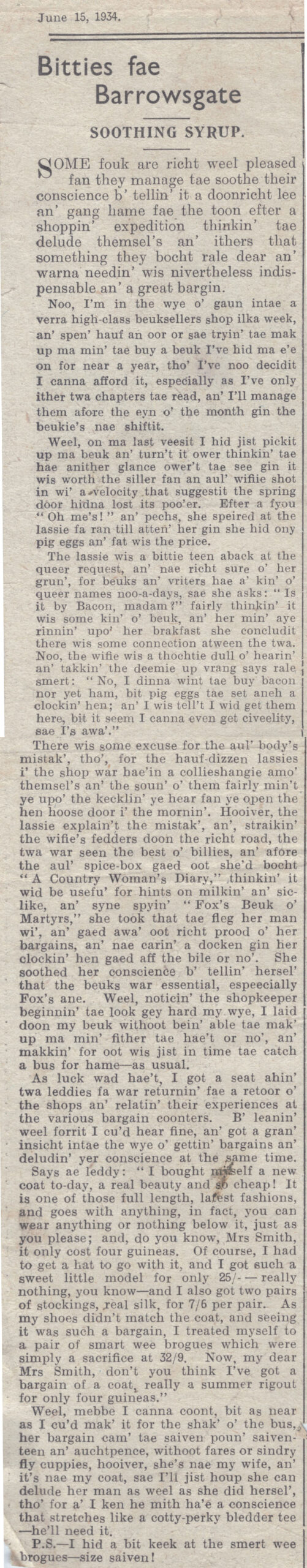 Wry obervations about rural life in north-east Scotland in the 1930s written by Barrowsgate in Doric