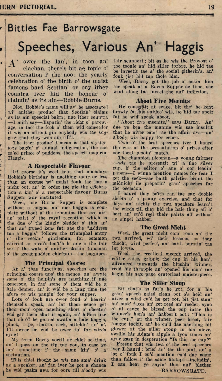 Wry obervations about rural life in north-east Scotland in the 1930s written by Barrowsgate in Doric