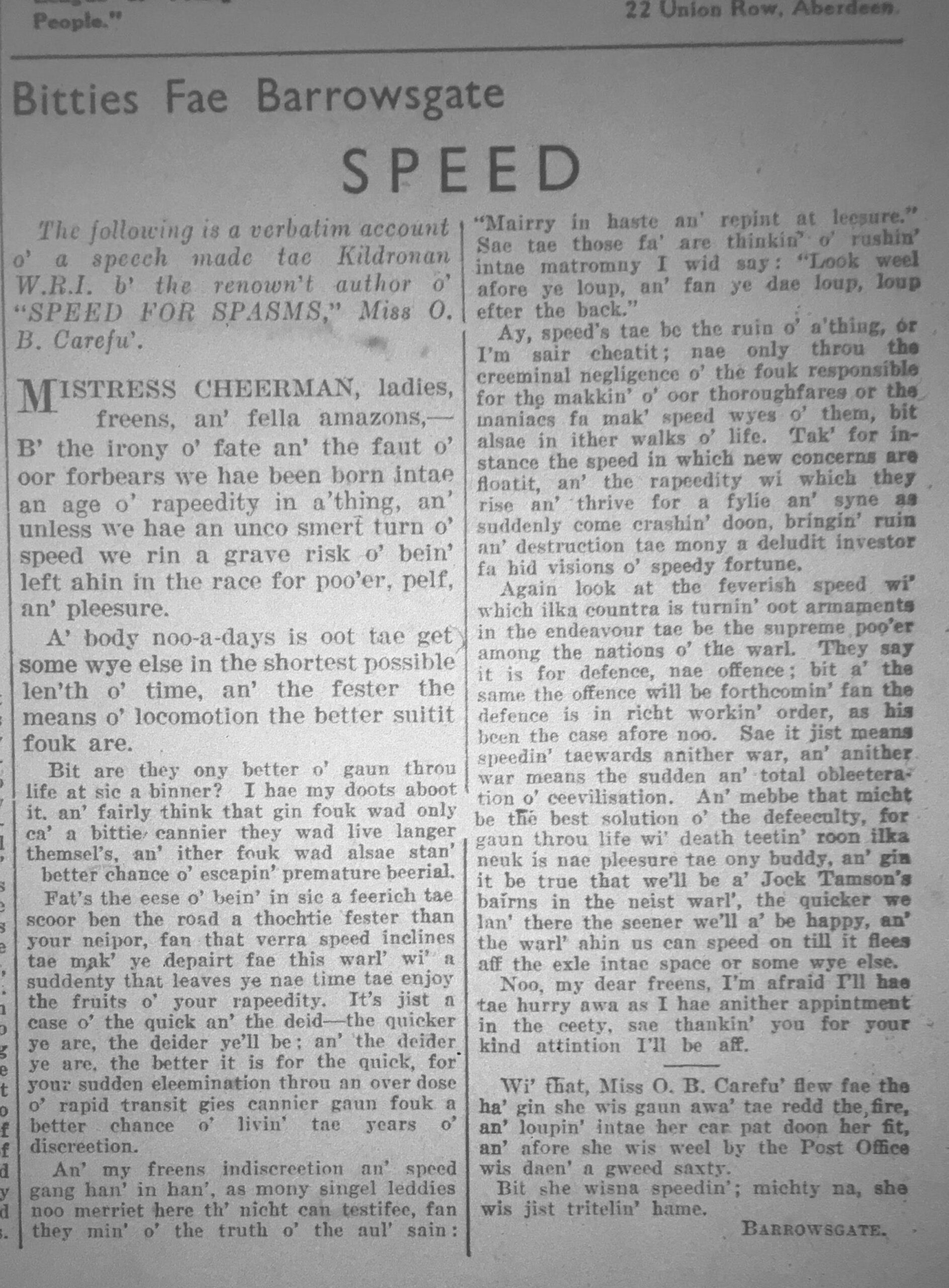 Wry obervations about rural life in north-east Scotland in the 1930s written by Barrowsgate in Doric
