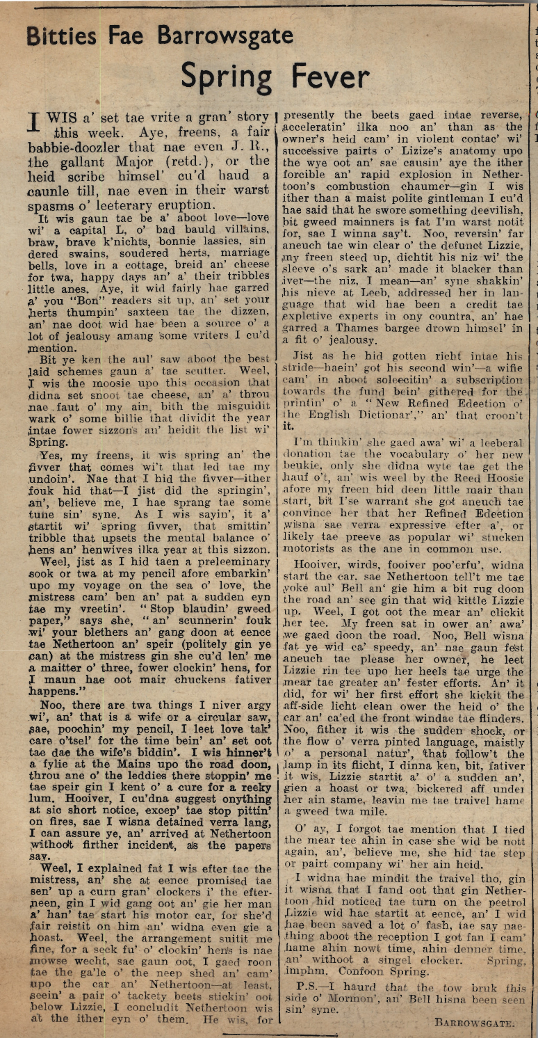 Wry obervations about rural life in north-east Scotland in the 1930s written by Barrowsgate in Doric