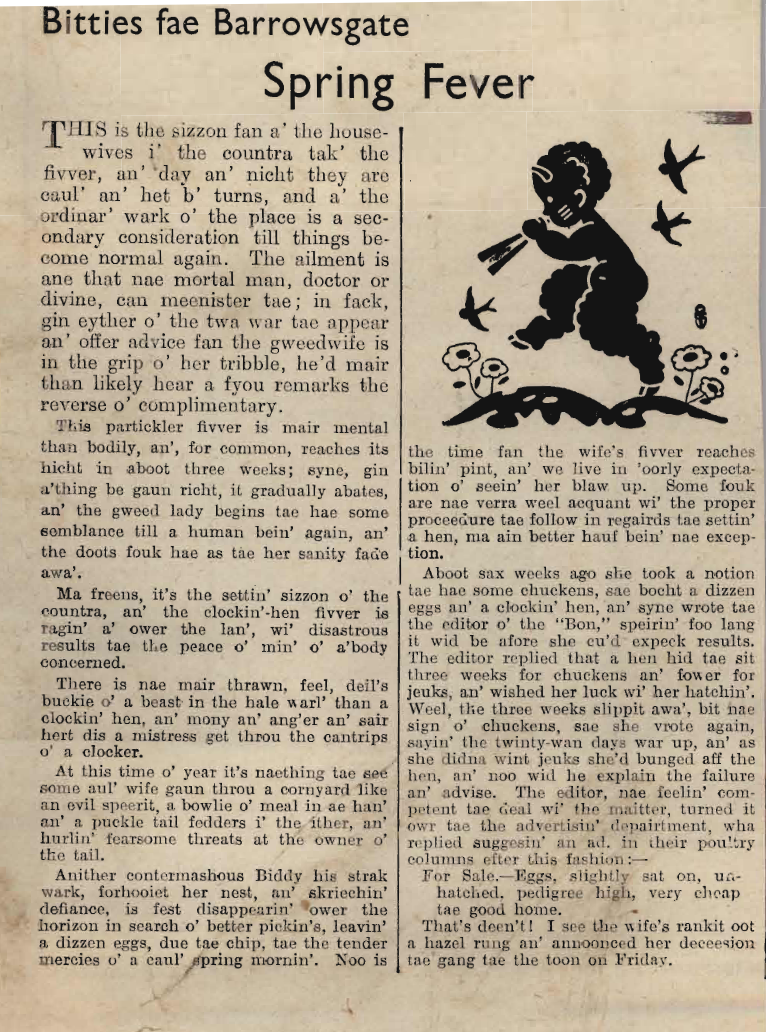 Wry obervations about rural life in north-east Scotland in the 1930s written by Barrowsgate in Doric