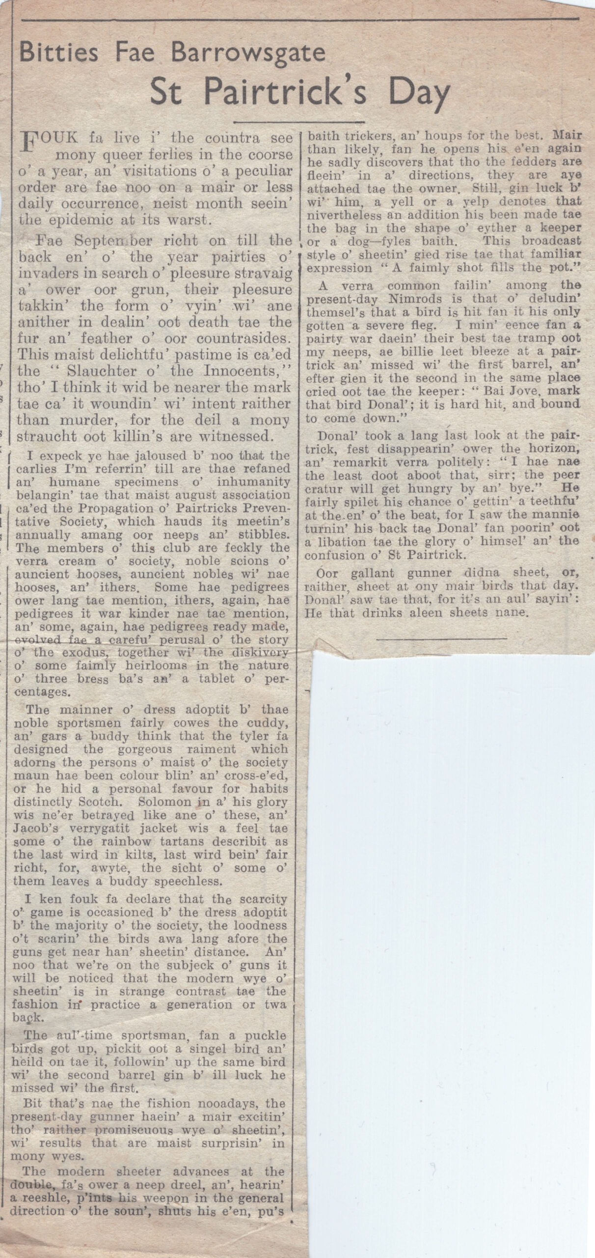 Wry obervations about rural life in north-east Scotland in the 1930s written by Barrowsgate in Doric