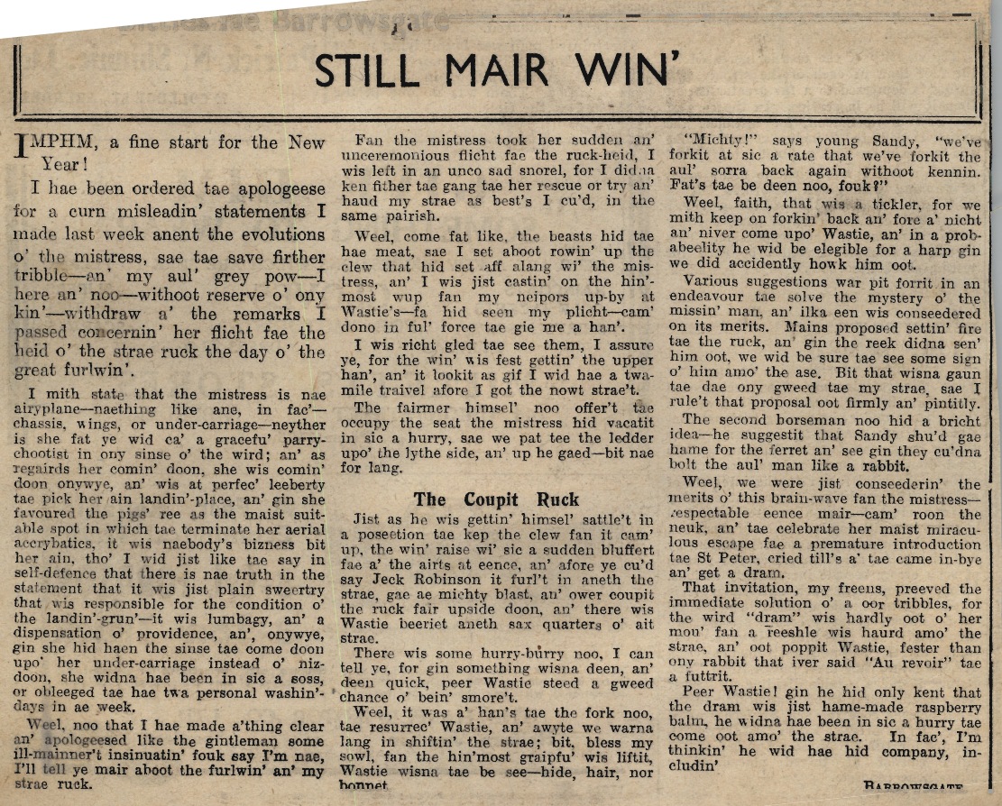 Wry obervations about rural life in north-east Scotland in the 1930s written by Barrowsgate in Doric