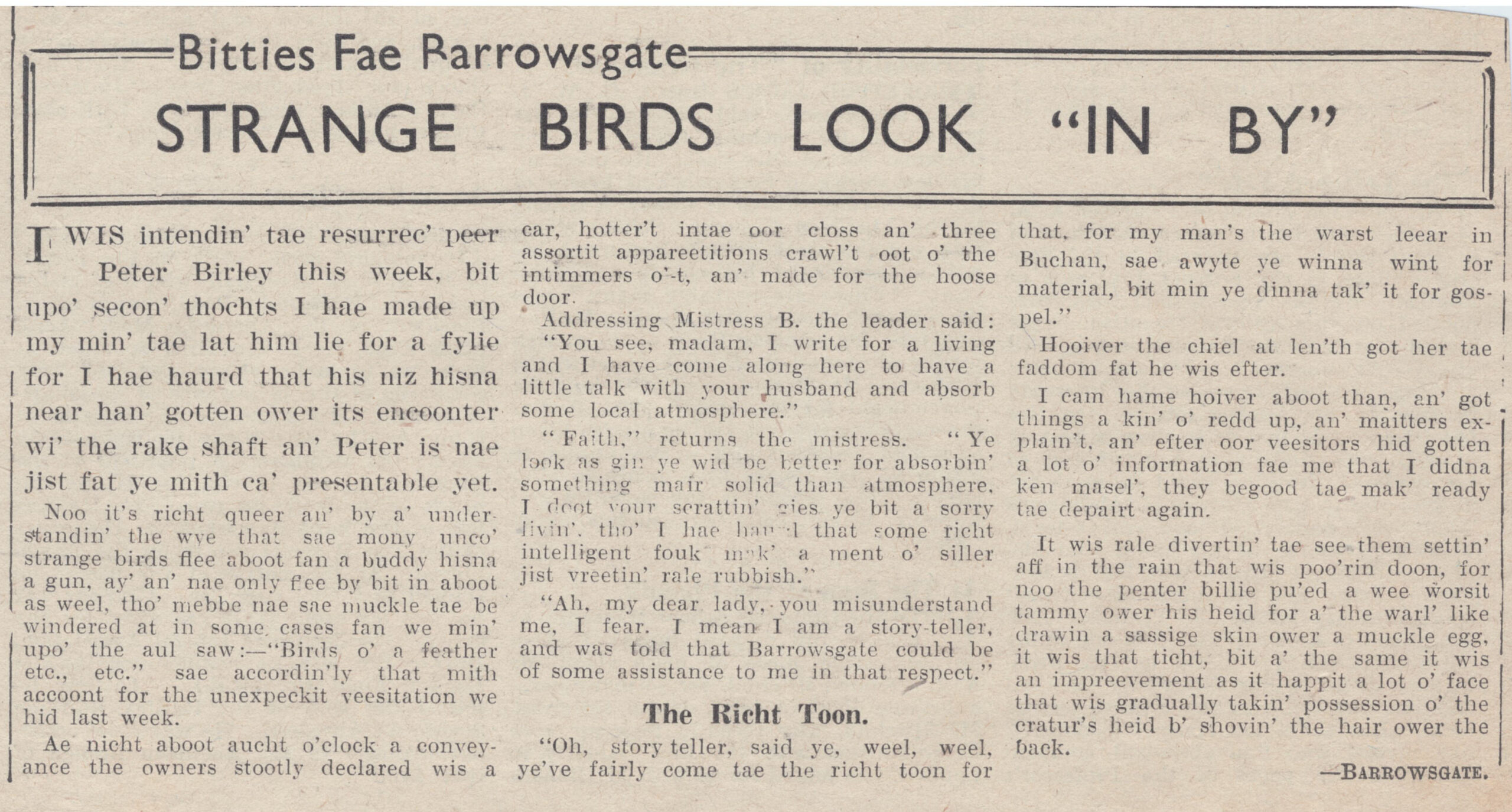 Wry obervations about rural life in north-east Scotland in the 1930s written by Barrowsgate in Doric