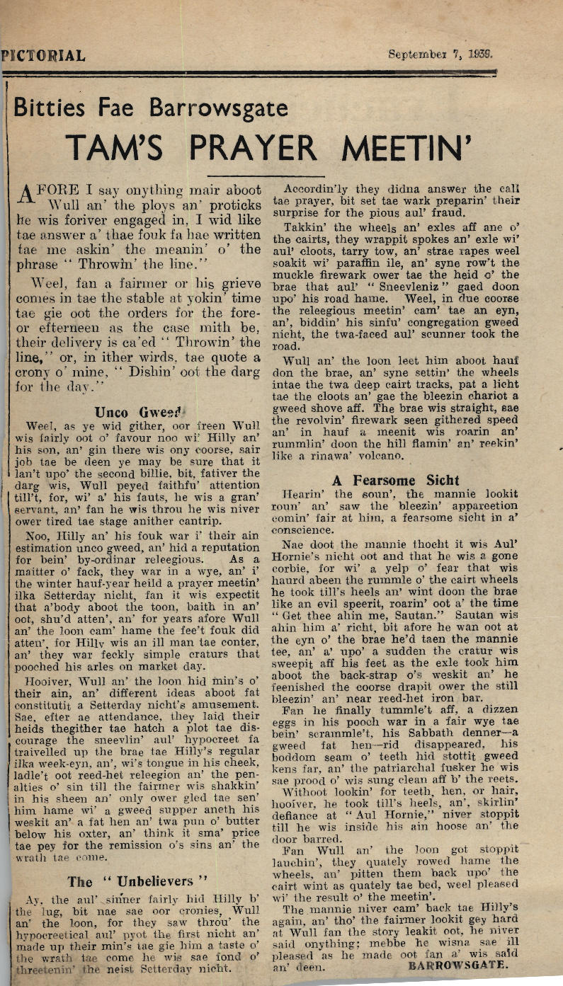Wry obervations about rural life in north-east Scotland in the 1930s written by Barrowsgate in Doric
