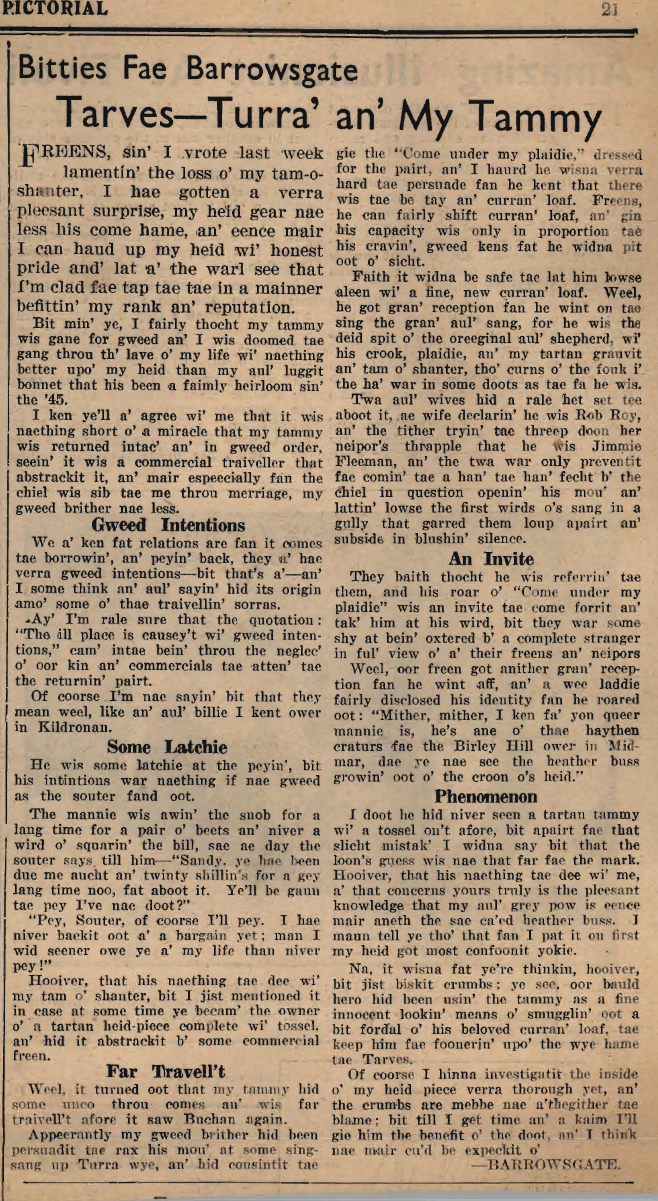 Wry obervations about rural life in north-east Scotland in the 1930s written by Barrowsgate in Doric