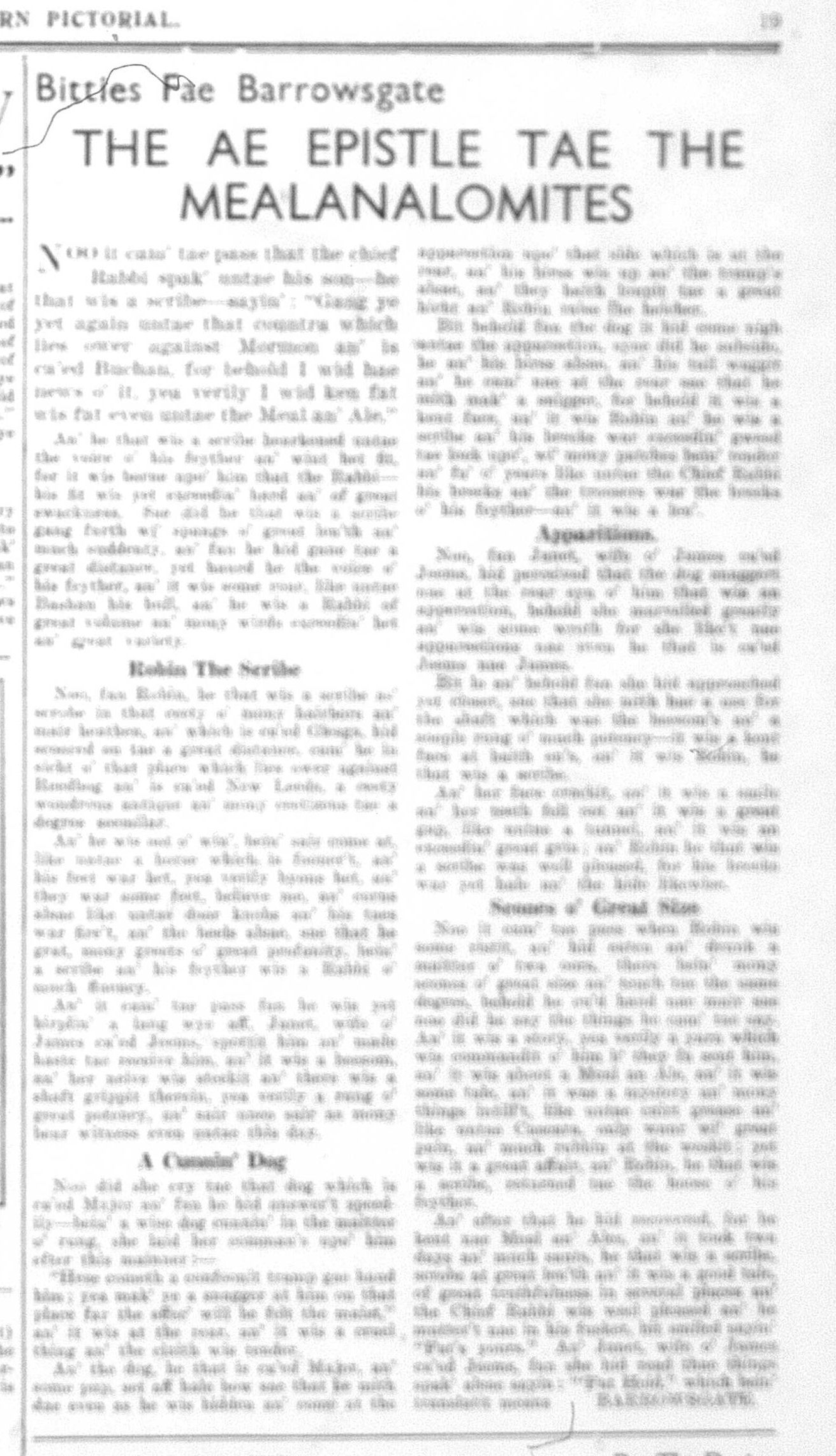 Wry obervations about rural life in north-east Scotland in the 1930s written by Barrowsgate in Doric