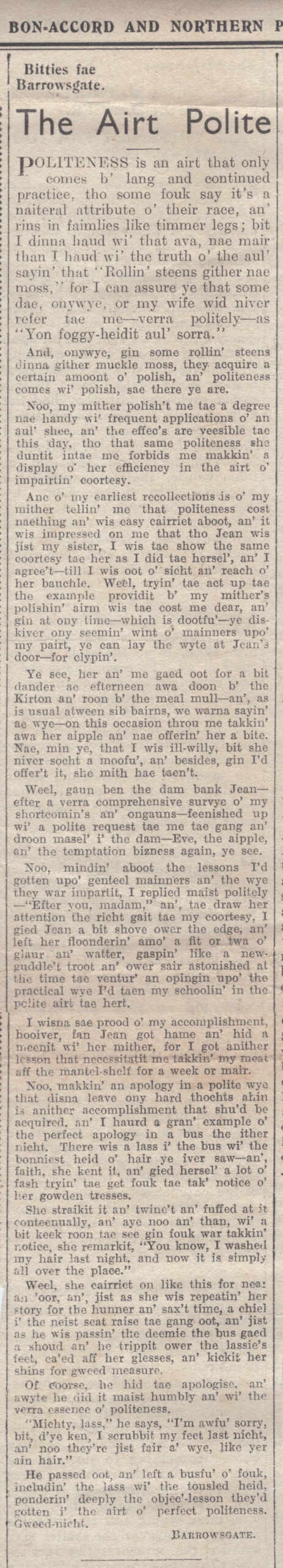 Wry obervations about rural life in north-east Scotland in the 1930s written by Barrowsgate in Doric