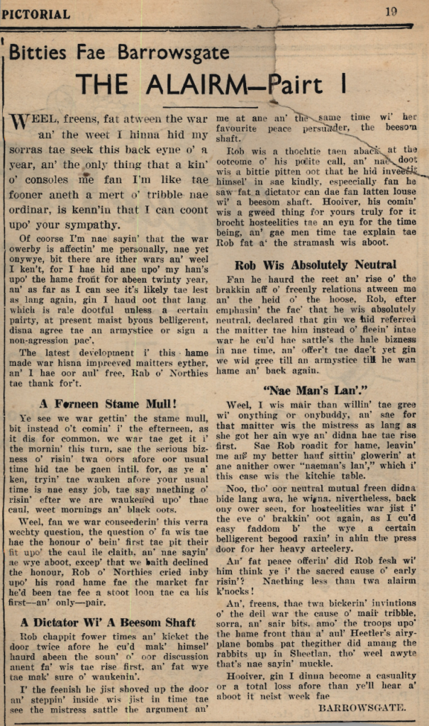Wry obervations about rural life in north-east Scotland in the 1930s written by Barrowsgate in Doric