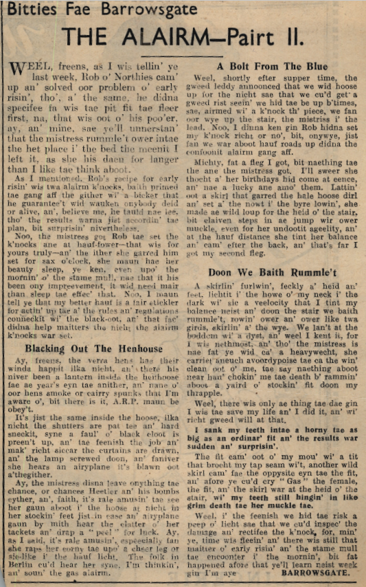 Wry obervations about rural life in north-east Scotland in the 1930s written by Barrowsgate in Doric