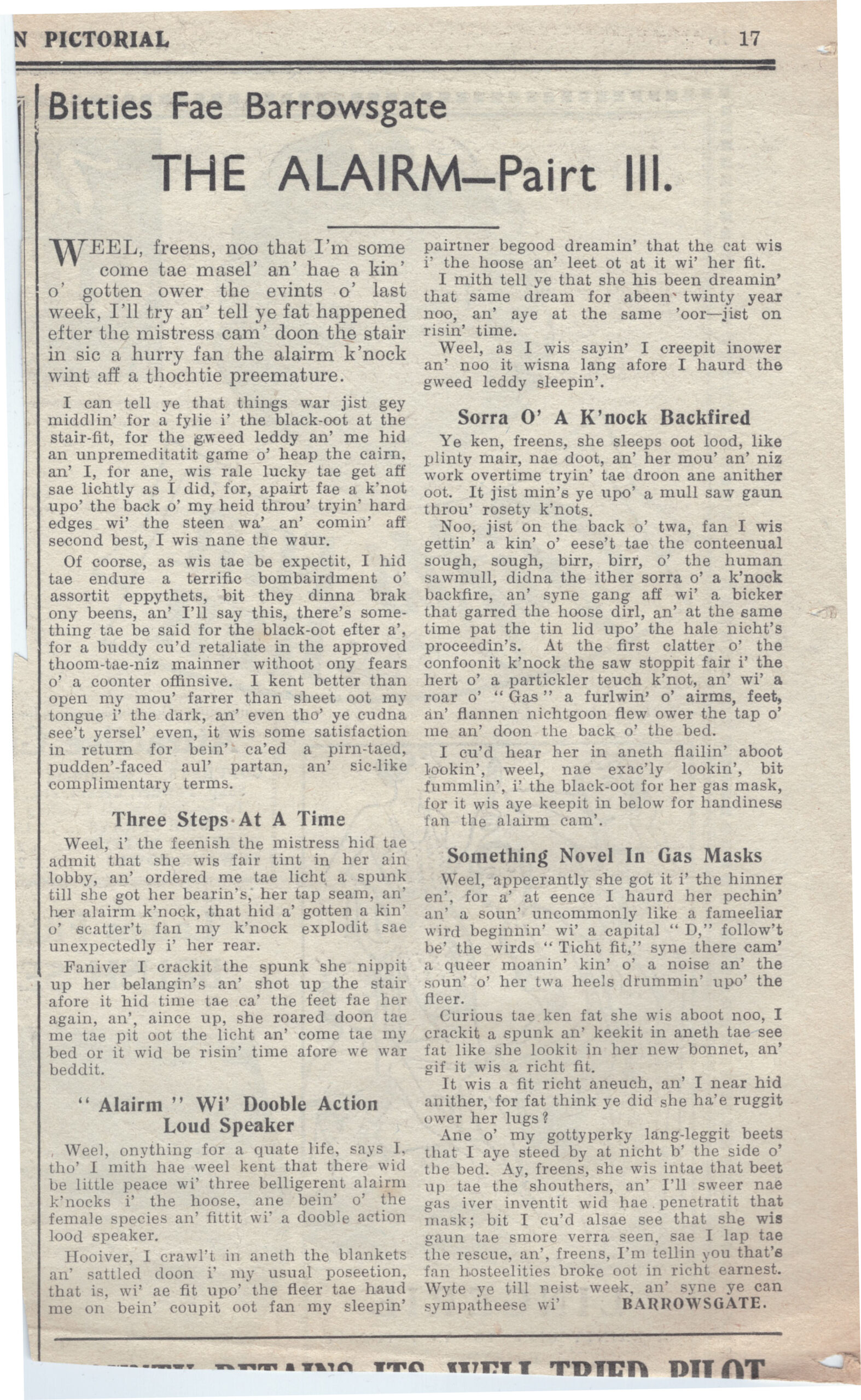 Wry obervations about rural life in north-east Scotland in the 1930s written by Barrowsgate in Doric