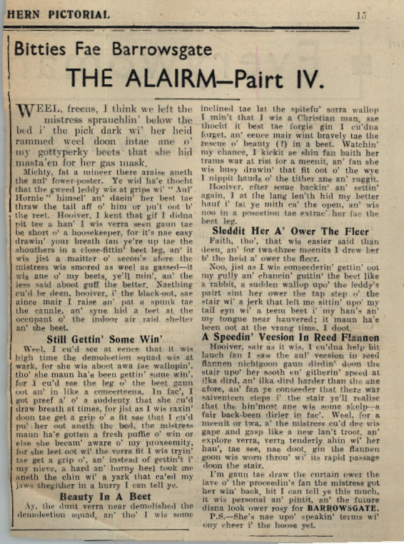Wry obervations about rural life in north-east Scotland in the 1930s written by Barrowsgate in Doric