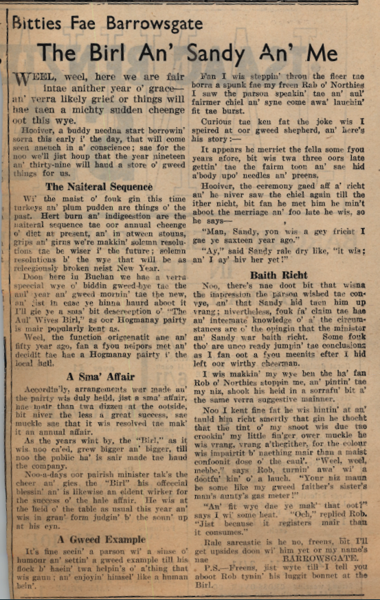 Wry obervations about rural life in north-east Scotland in the 1930s written by Barrowsgate in Doric