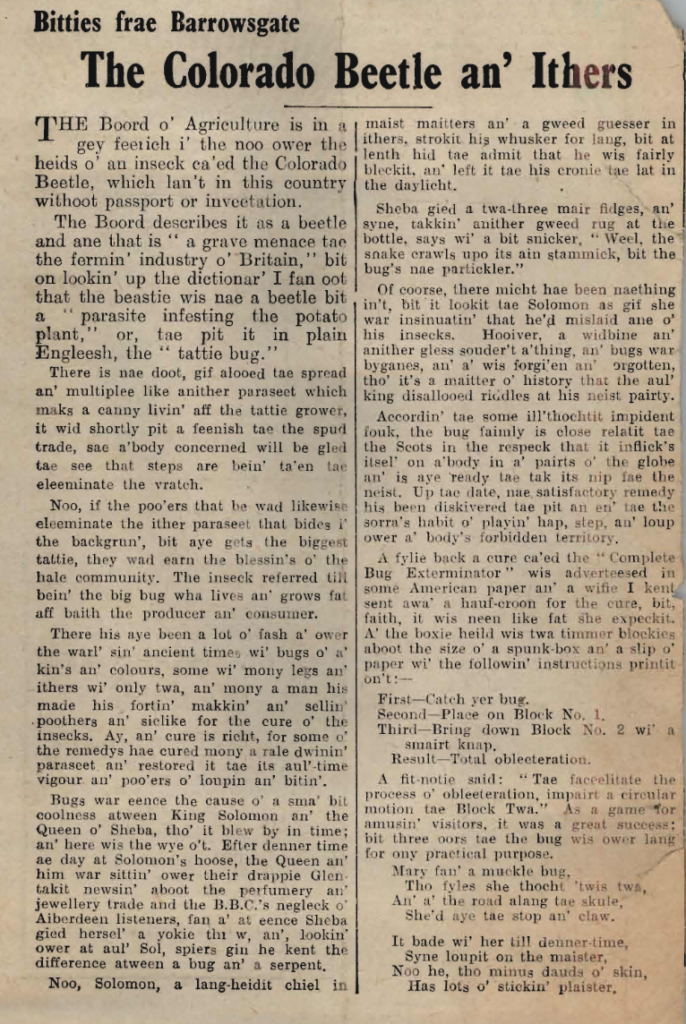 Wry obervations about rural life in north-east Scotland in the 1930s written by Barrowsgate in Doric