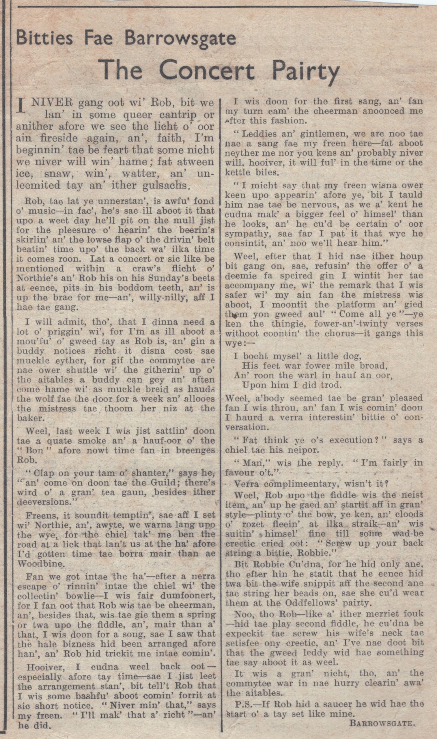 Wry obervations about rural life in north-east Scotland in the 1930s written by Barrowsgate in Doric