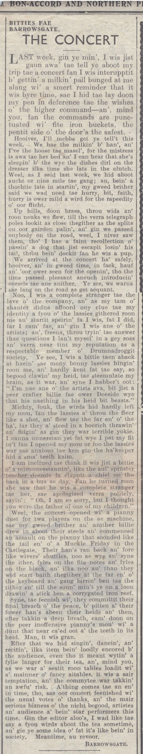 Wry obervations about rural life in north-east Scotland in the 1930s written by Barrowsgate in Doric