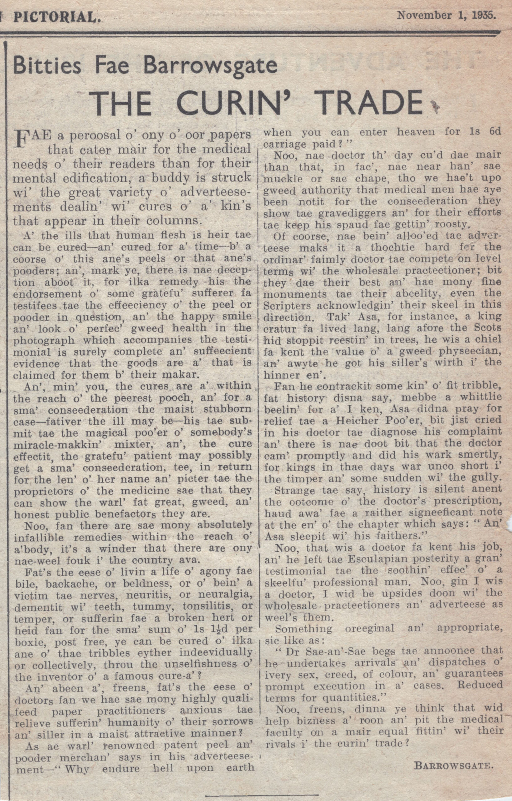 Wry obervations about rural life in north-east Scotland in the 1930s written by Barrowsgate in Doric