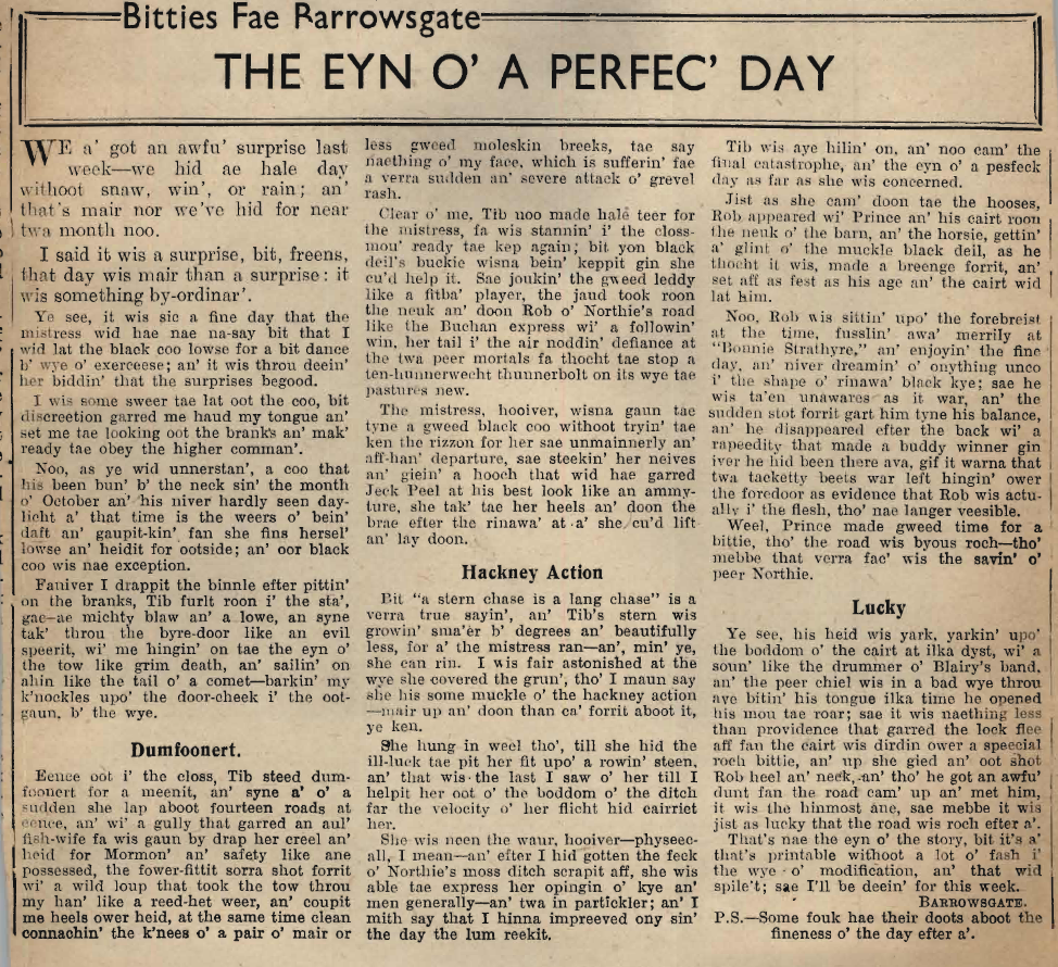 Wry obervations about rural life in north-east Scotland in the 1930s written by Barrowsgate in Doric