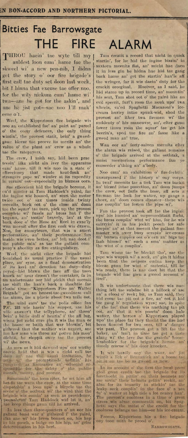 Wry obervations about rural life in north-east Scotland in the 1930s written by Barrowsgate in Doric