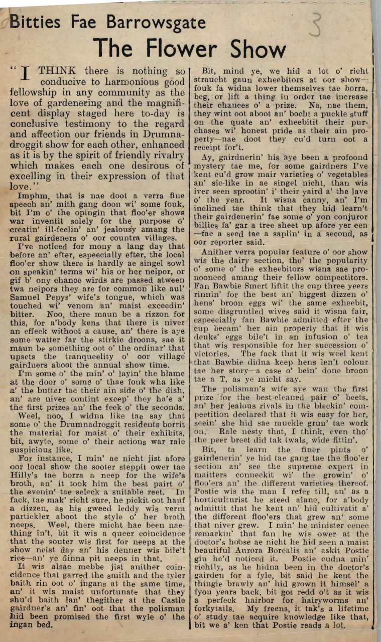 Wry obervations about rural life in north-east Scotland in the 1930s written by Barrowsgate in Doric