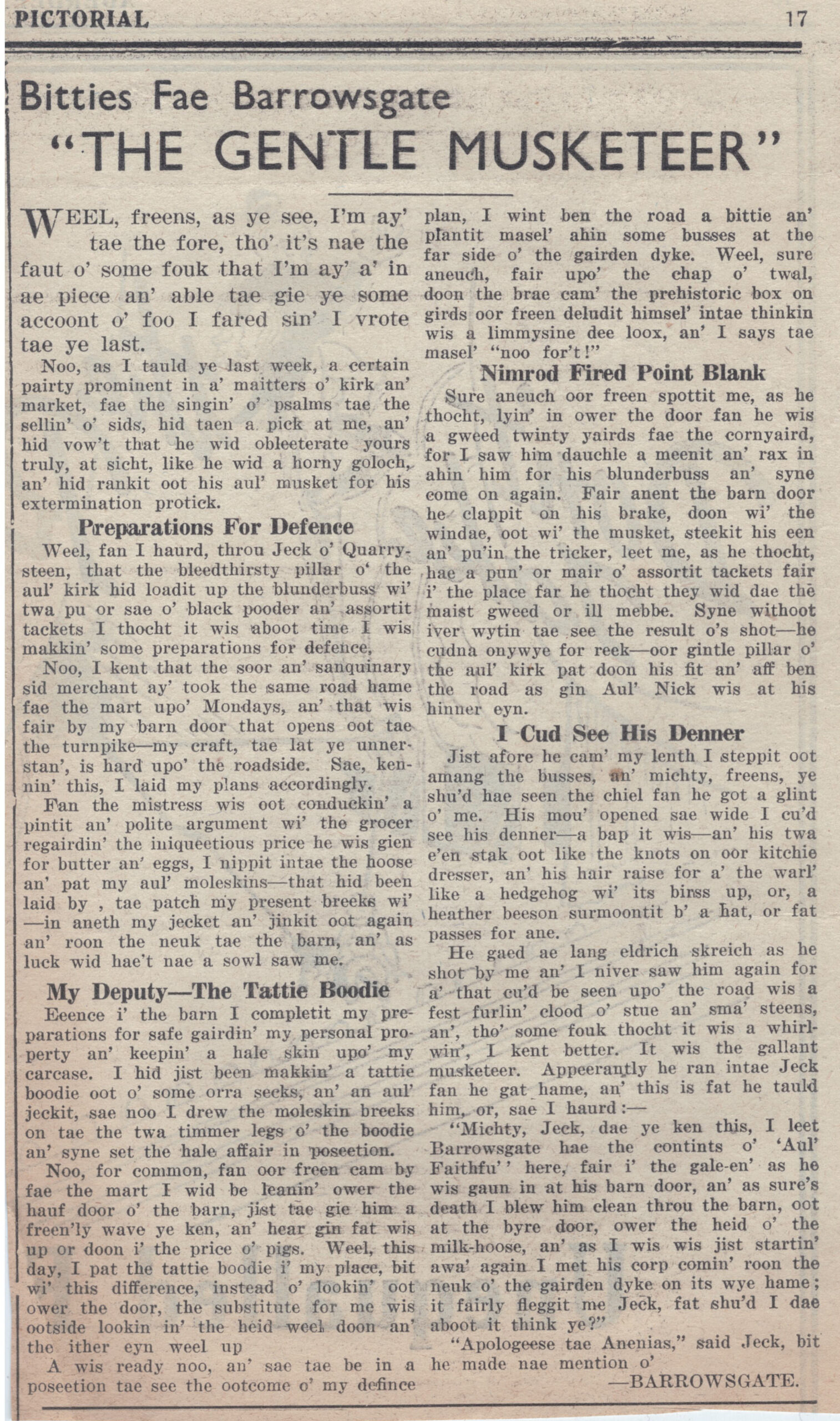 Wry obervations about rural life in north-east Scotland in the 1930s written by Barrowsgate in Doric