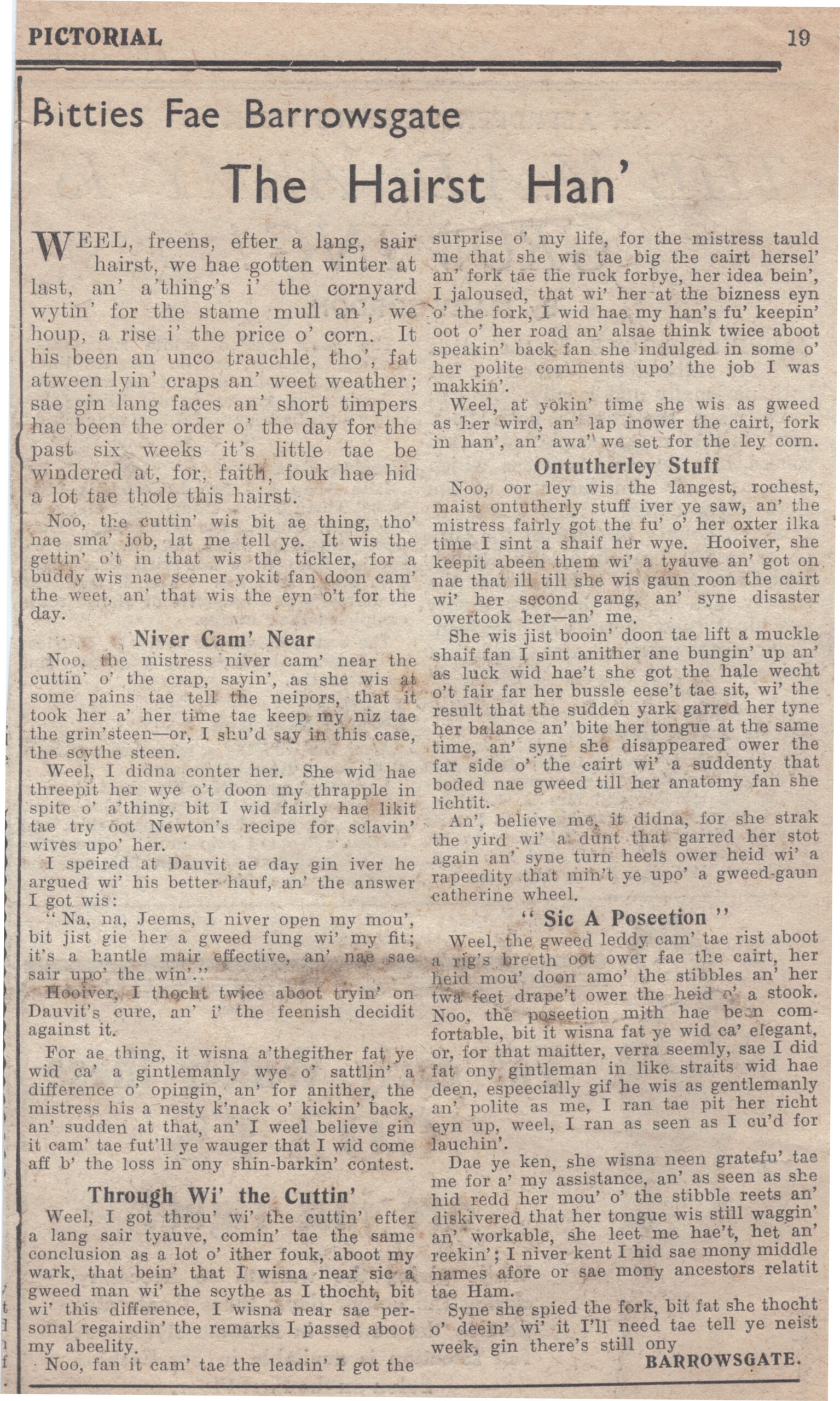 Wry obervations about rural life in north-east Scotland in the 1930s written by Barrowsgate in Doric