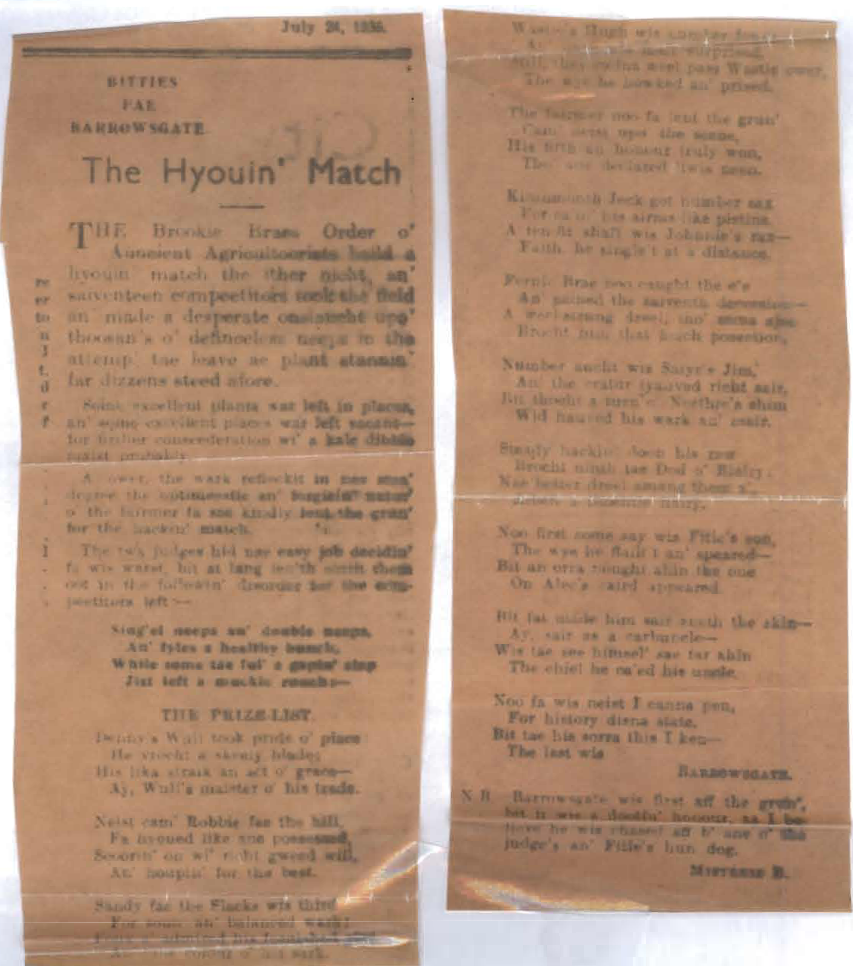 Wry obervations about rural life in north-east Scotland in the 1930s written by Barrowsgate in Doric