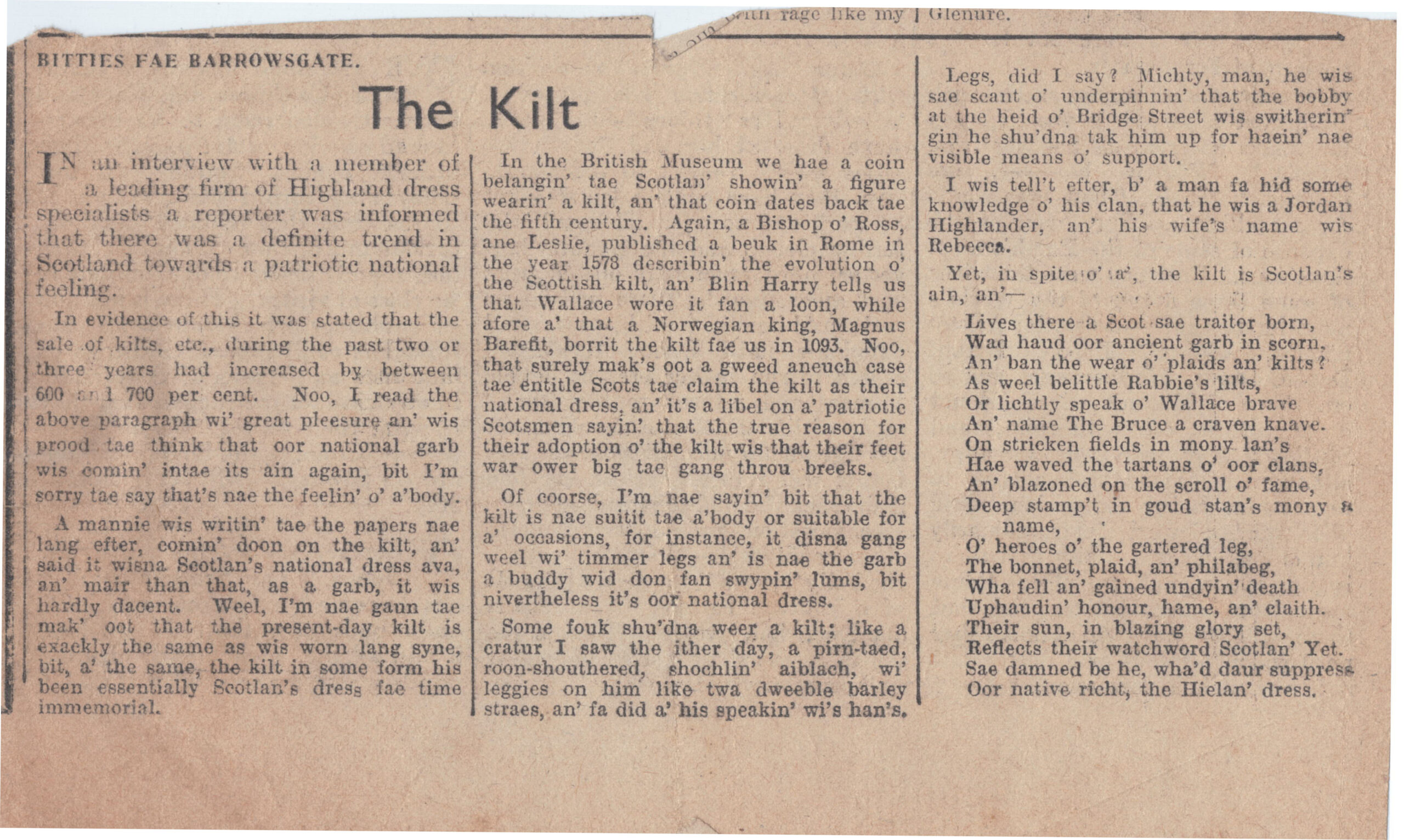 Wry obervations about rural life in north-east Scotland in the 1930s written by Barrowsgate in Doric