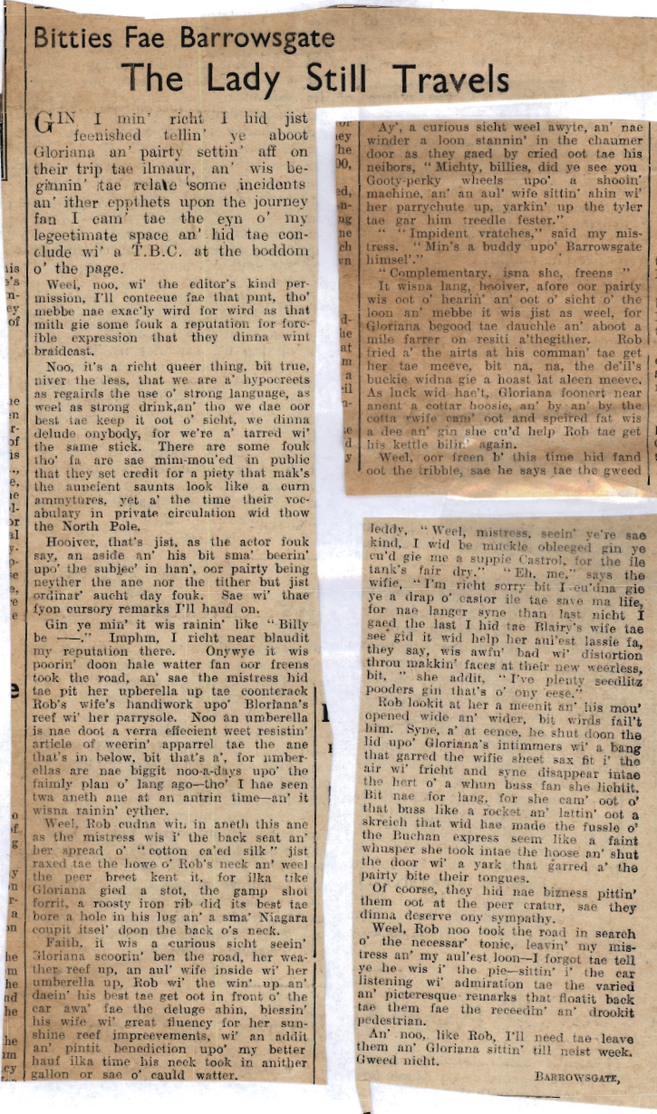 Wry obervations about rural life in north-east Scotland in the 1930s written by Barrowsgate in Doric