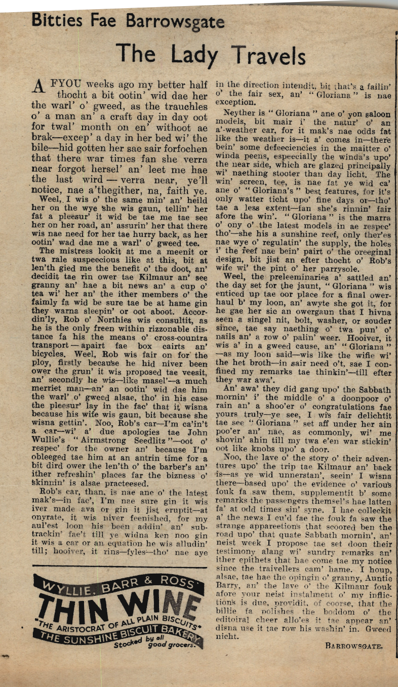 Wry obervations about rural life in north-east Scotland in the 1930s written by Barrowsgate in Doric