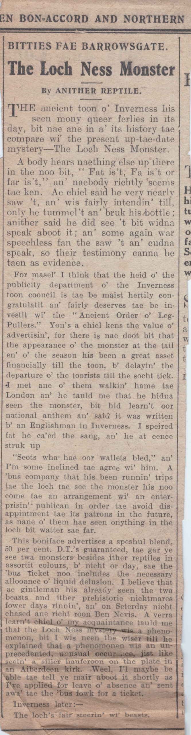 Wry obervations about rural life in north-east Scotland in the 1930s written by Barrowsgate in Doric
