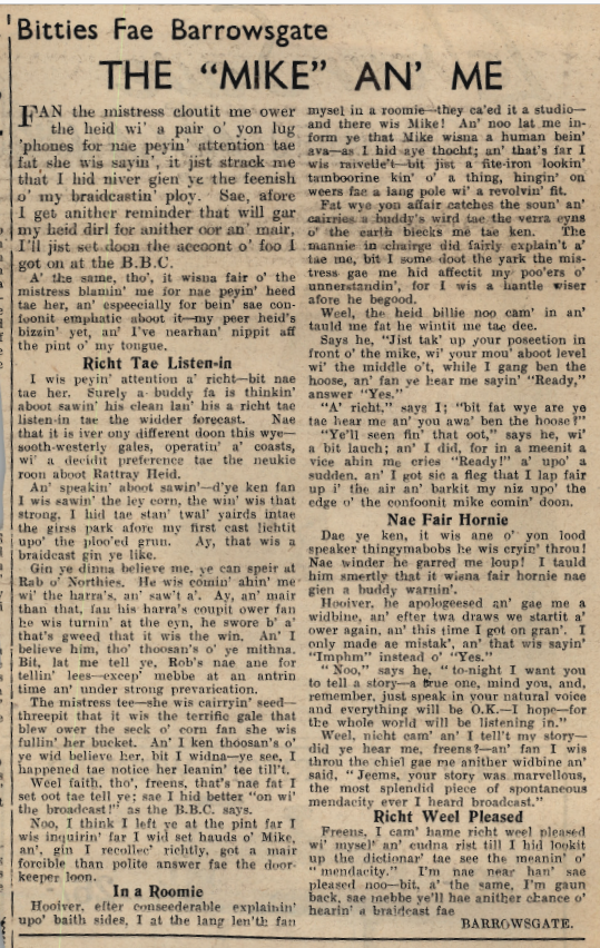 Wry obervations about rural life in north-east Scotland in the 1930s written by Barrowsgate in Doric