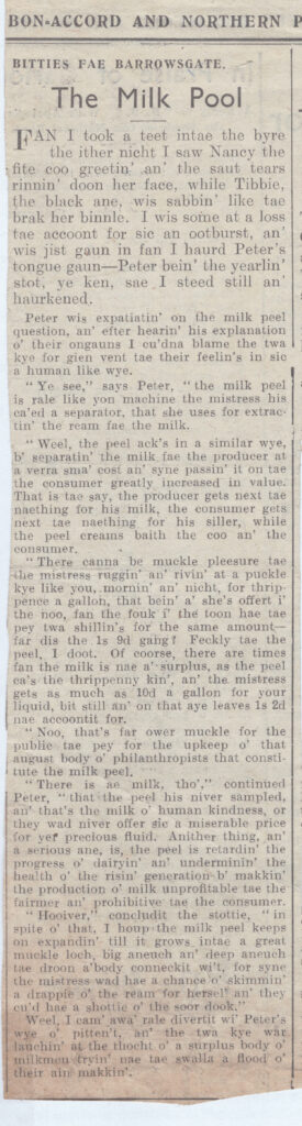 Wry obervations about rural life in north-east Scotland in the 1930s written by Barrowsgate in Doric