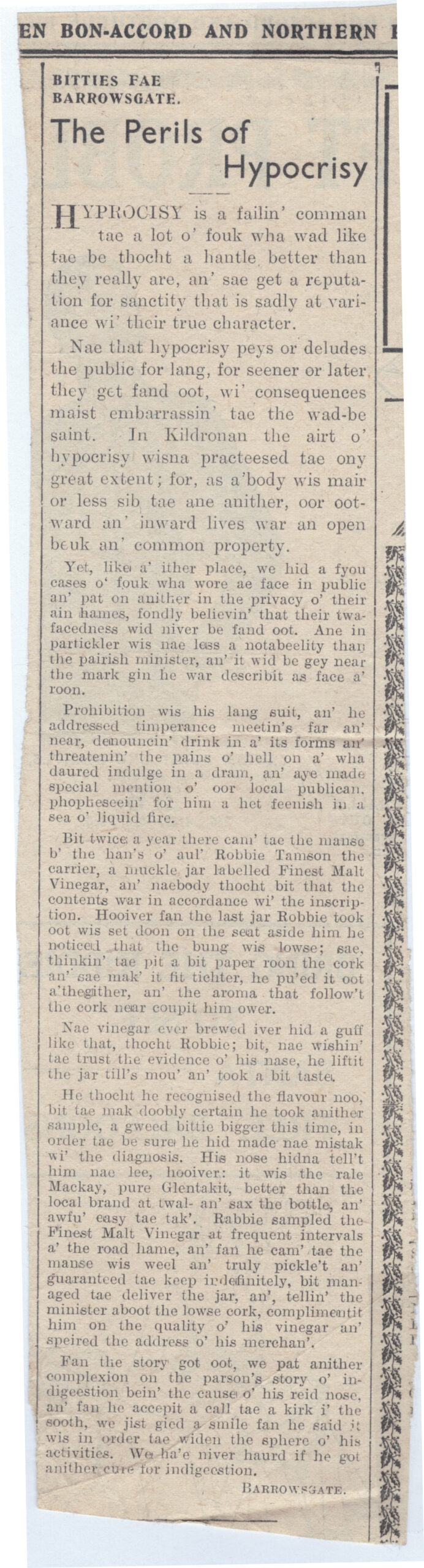 Wry obervations about rural life in north-east Scotland in the 1930s written by Barrowsgate in Doric
