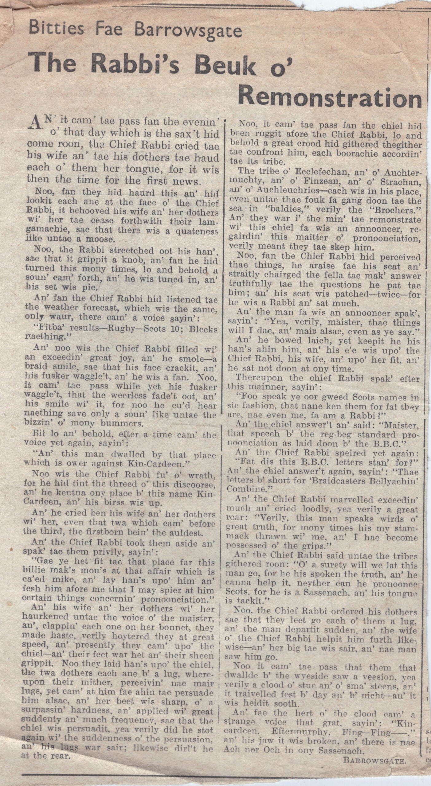 Wry obervations about rural life in north-east Scotland in the 1930s written by Barrowsgate in Doric