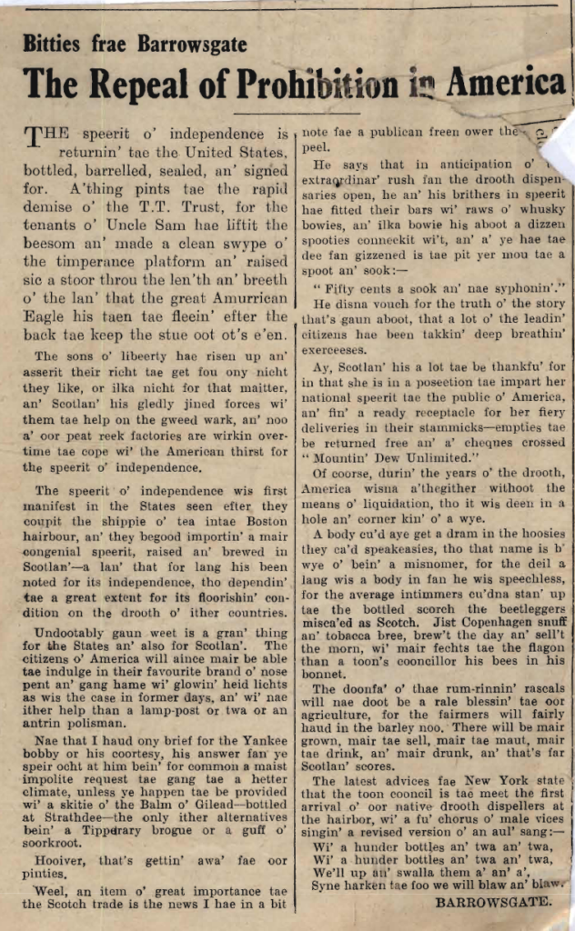 Wry obervations about rural life in north-east Scotland in the 1930s written by Barrowsgate in Doric