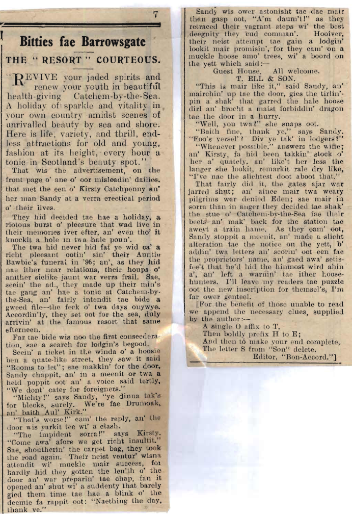 Wry obervations about rural life in north-east Scotland in the 1930s written by Barrowsgate in Doric