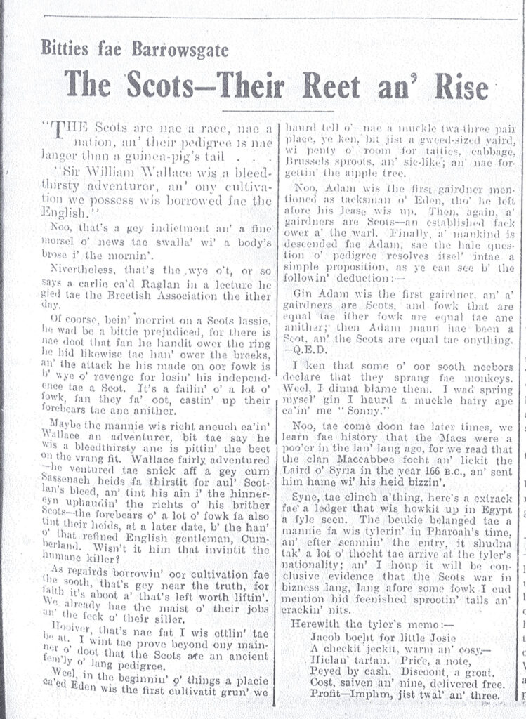 Wry obervations about rural life in north-east Scotland in the 1930s written by Barrowsgate in Doric
