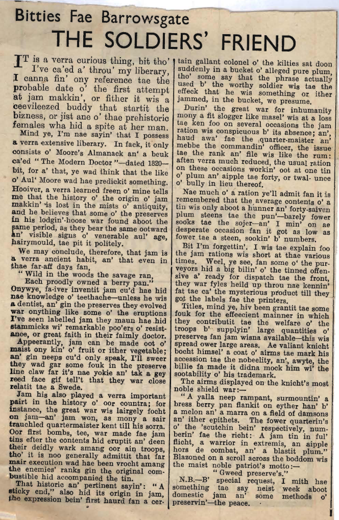 Wry obervations about rural life in north-east Scotland in the 1930s written by Barrowsgate in Doric