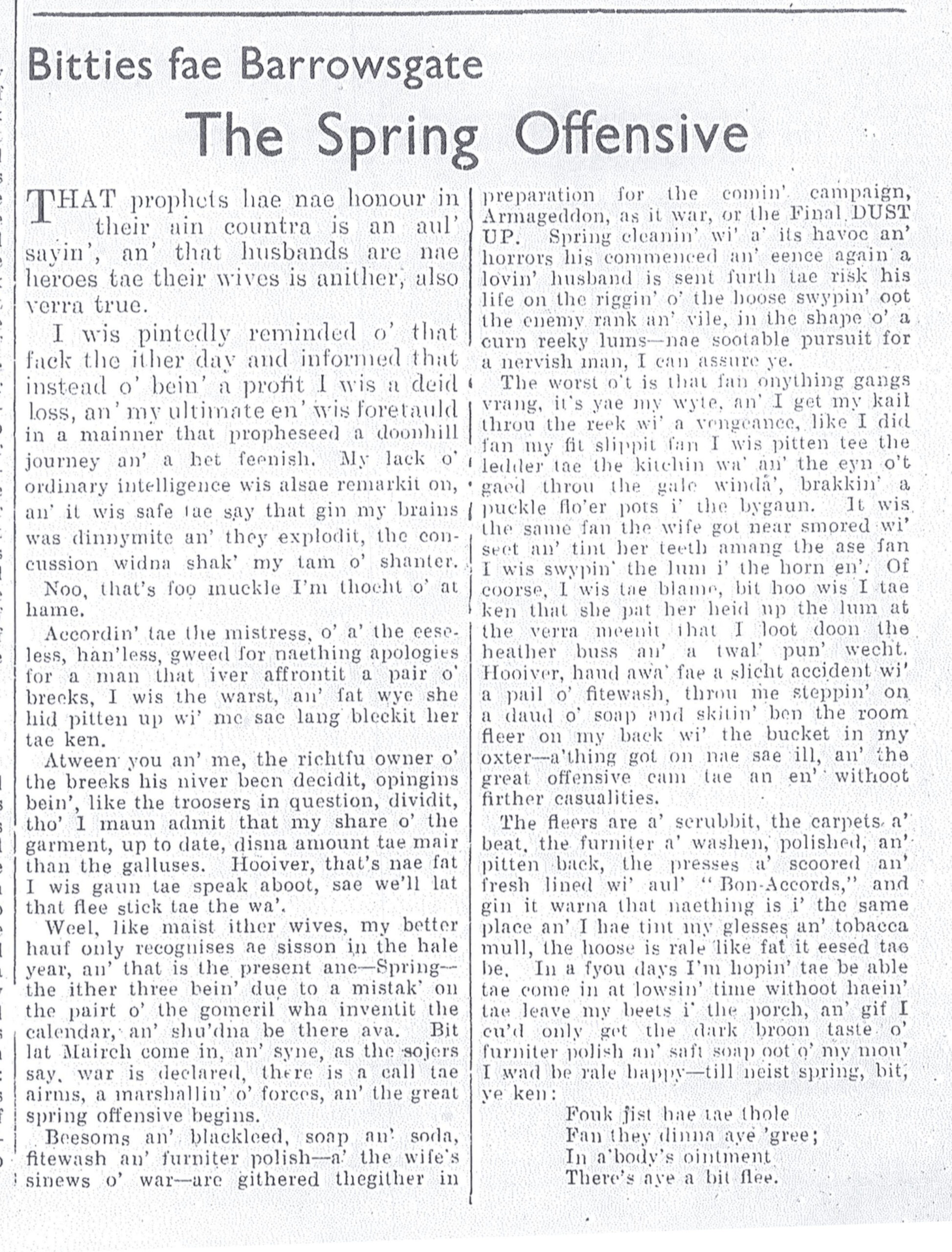Wry obervations about rural life in north-east Scotland in the 1930s written by Barrowsgate in Doric