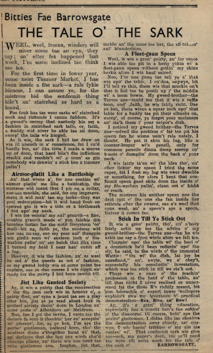 Wry obervations about rural life in north-east Scotland in the 1930s written by Barrowsgate in Doric