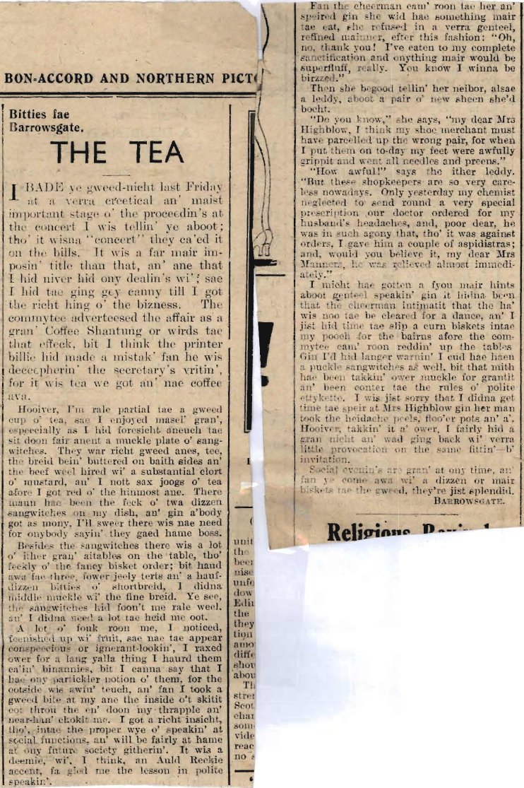 Wry obervations about rural life in north-east Scotland in the 1930s written by Barrowsgate in Doric