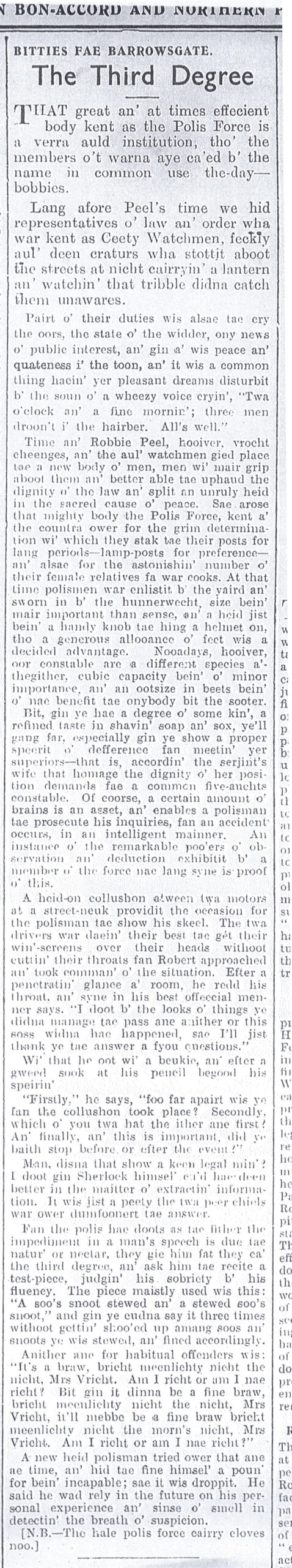 Wry obervations about rural life in north-east Scotland in the 1930s written by Barrowsgate in Doric