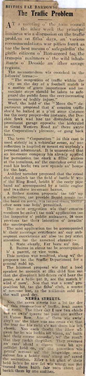 Wry obervations about rural life in north-east Scotland in the 1930s written by Barrowsgate in Doric