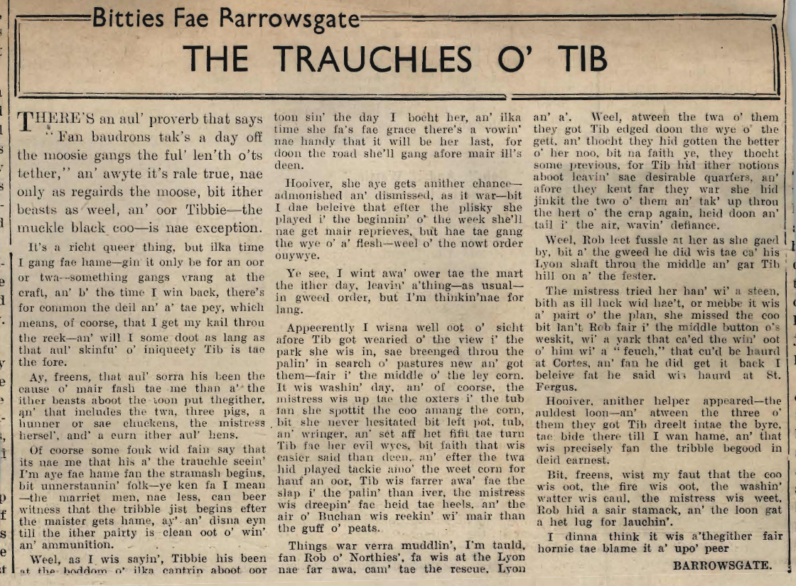 Wry obervations about rural life in north-east Scotland in the 1930s written by Barrowsgate in Doric