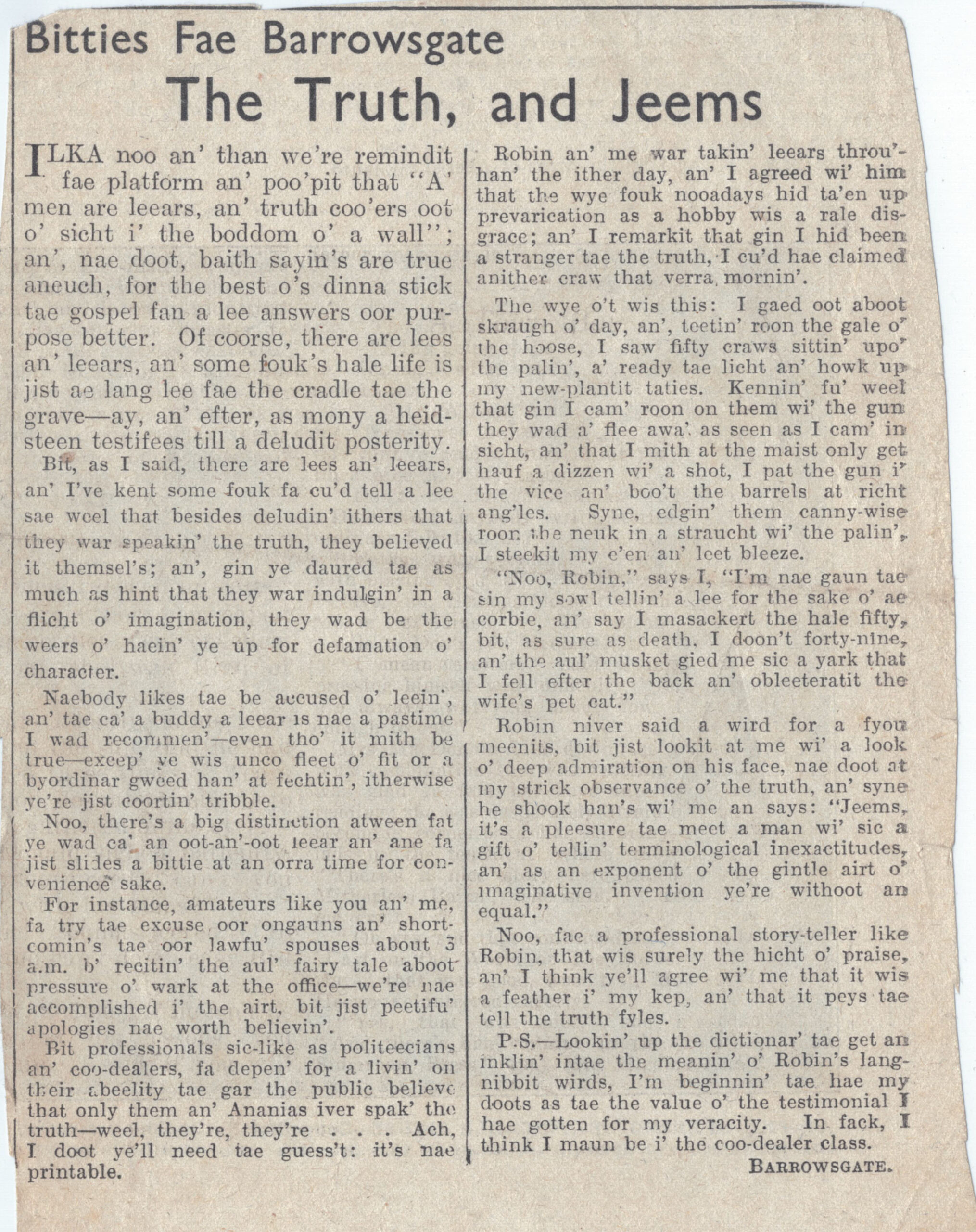 Wry obervations about rural life in north-east Scotland in the 1930s written by Barrowsgate in Doric
