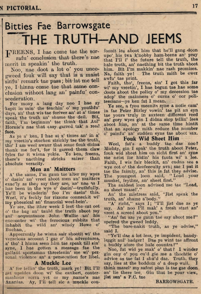 Wry obervations about rural life in north-east Scotland in the 1930s written by Barrowsgate in Doric