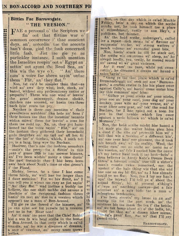 Wry obervations about rural life in north-east Scotland in the 1930s written by Barrowsgate in Doric